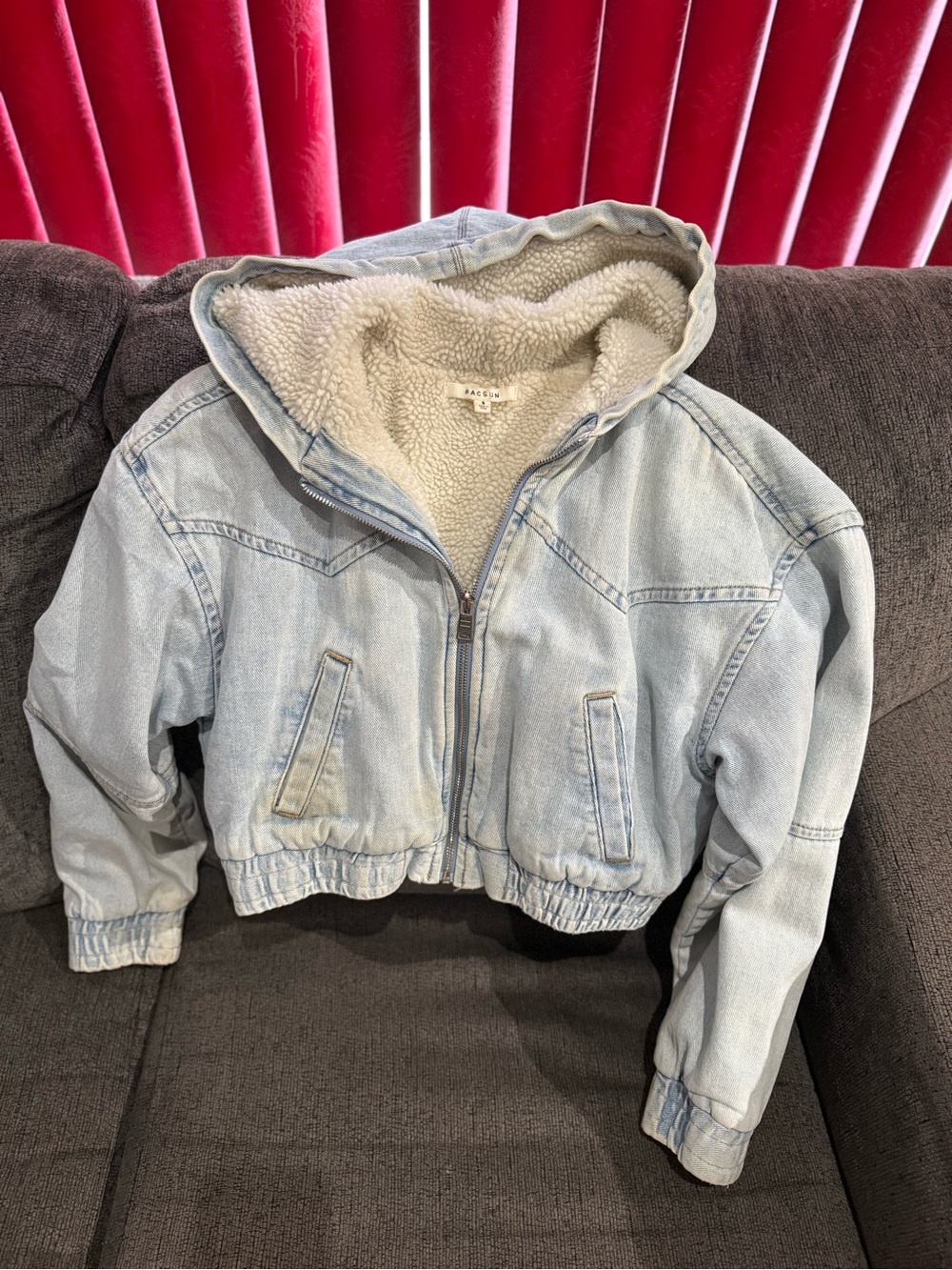 Womens Light Wash Denim Sherpa-Lined Hooded Jacket